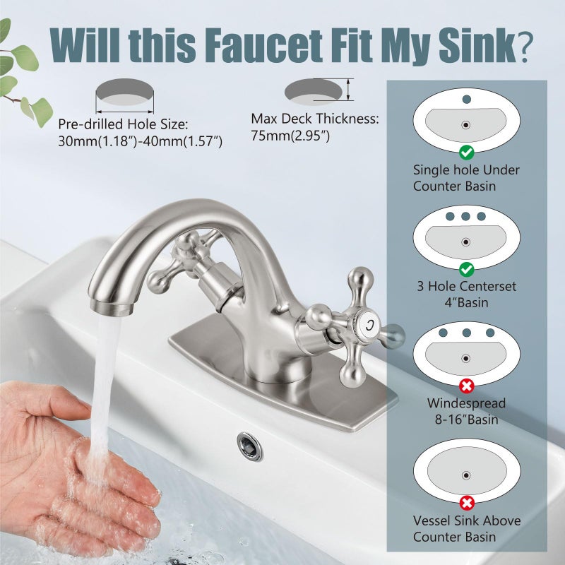 Aolemi Bathroom Sink Faucet Single Hole Cold and Hot Double Handle Cross Knobs Vanity Vessel Sink Basin Mixer Tap with Deck Cover Plate with Pop Up Drain Brushed Nickel - Image 3